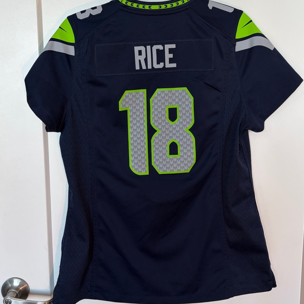 Nike Women's Seahawks Navy Jersey with Neon Green Accents. Large